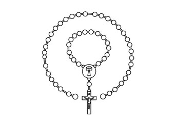 Black and white line drawing of a Catholic Rosary featuring two circular bead arrangements and a crucifix