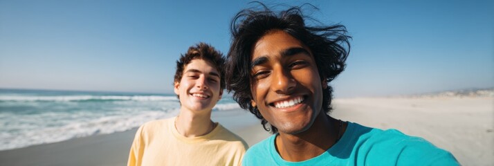 Obraz premium Two male young friends smiling on a sunny beach by the ocean with clear sky and gentle waves