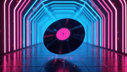 Fototapeta premium Vinyl record floats in neon laser tunnel with retro futuristic vibes. Pink and blue lights create glowing atmosphere. Abstract background for music, parties, and tech themes.