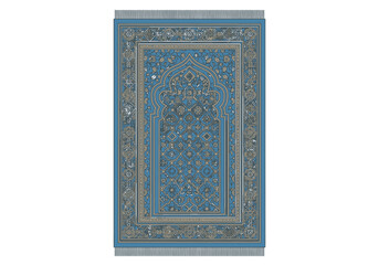 Obraz premium Blue and beige prayer rug with ornamental arch design and fringe