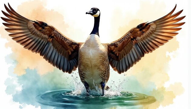 Canadian goose lands or takes off from water. Bird spreads its wings with feathers detailed. Watercolor style splashes motion. Nature scene background.