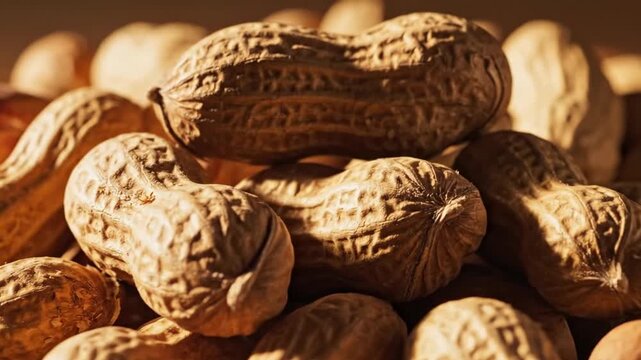 A pile of peanuts in their shells, illuminated by warm light.