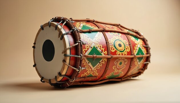 Red dhol drum with green and yellow patterns lies on neutral background. Handcrafted musical instrument features leather straps, wooden body, and taut drumheads for vibrant sound.