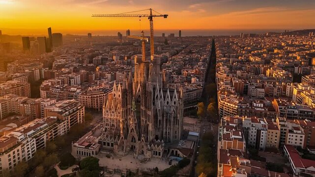 Sagrada Familia Barcelona Aerial Sunset View  Iconic Gaudi Architecture  City Skyline.