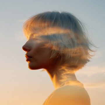 Double exposure profile caucasian young female with short blonde hair overlaid with golden sunset clouds, serene contemplative portrait and soft sky reflection