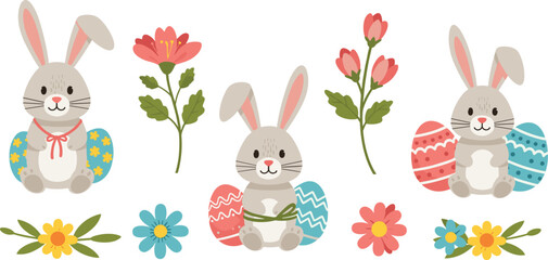 Cute Easter bunny with decorated eggs and spring flowers vector set for festive holiday greeting design illustration