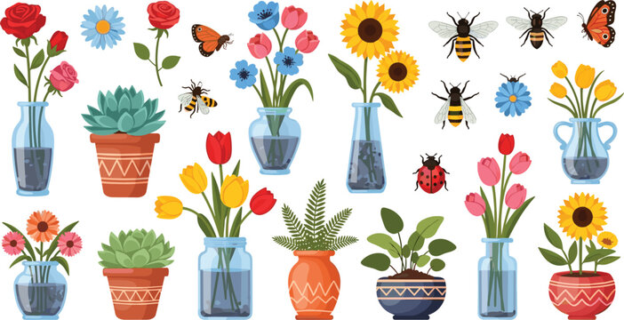 Colorful flowers in pots and glass vases vector set with bees butterflies ladybug and garden plants illustration collection