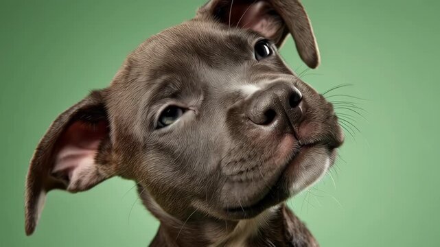 Close up portrait of a cute brown pitbull puppy looking at camera and tilting head with a curious expression on a green background
