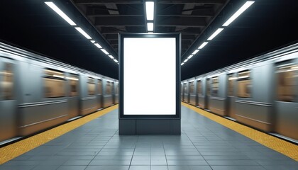 Fototapeta premium Blank illuminated billboard on subway platform with moving trains passing by. Urban underground transportation hub, advertising space opportunity, dynamic metro environment, concrete station