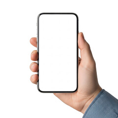 A hand holding a blank smartphone displaying a white screen