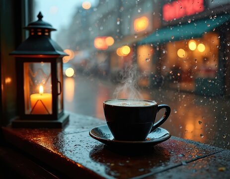 Steaming coffee cup sits on wet cafe windowsill next to lit lantern. Raindrops on window pane blur city lights and wet street outside. Cozy, atmospheric moment.