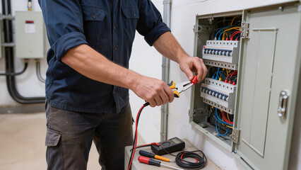 electrician at work, Typical industrial service is shown, Person fixes the electrical grid, Hand tools ensure precise work, Electrician is fixing the panel, Professional service, 