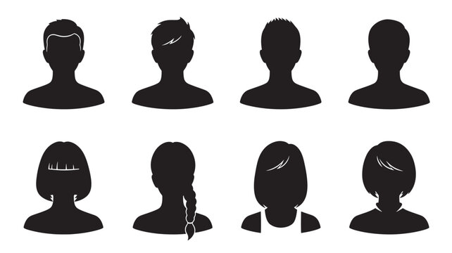 Avatars silhouette set with diverse hairstyles and genders for user profiles and icons featuring avatar, icon, profile with person and head elements
