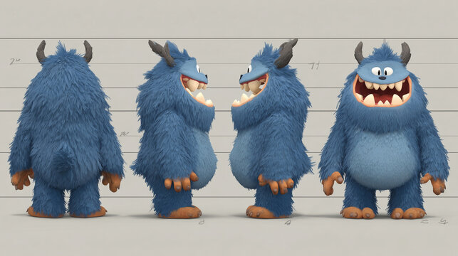 Stylized 3D blue furry monster character design sheet with horns and large grin featuring orthographic views for animation.