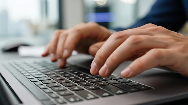 Person typing on a laptop keyboard in a modern office setting.