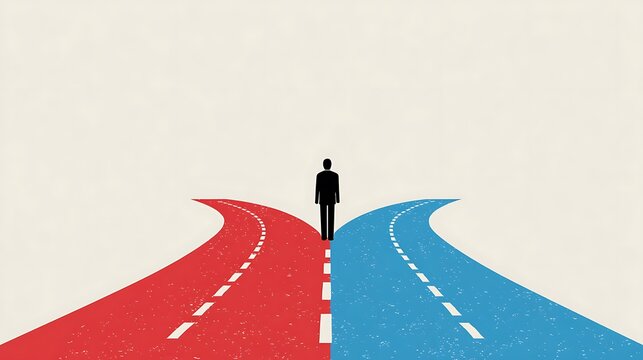 A man stands at the crossroads of two diverging roads, symbolizing choice and decision-making.