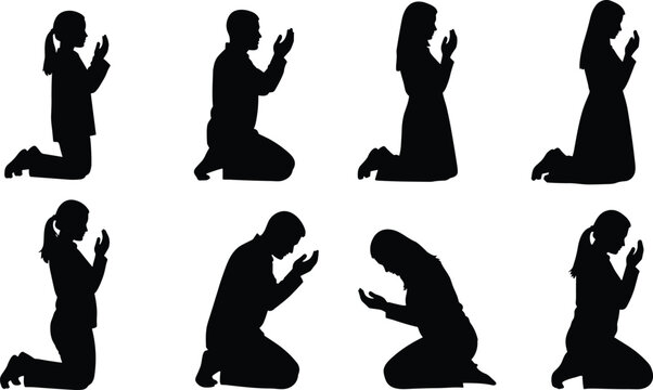 Black silhouettes of diverse men and women kneeling and bowing in prayer and meditation isolated on white background for religious spiritual and faith concepts