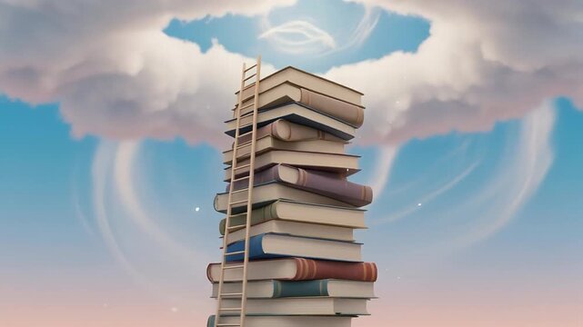 Knowledge Ladder to Success Towering Books Reaching Sky Education Aspiration and Growth.