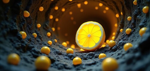 Fototapeta premium Surreal tunnel filled with glowing lemons and a large citrus slice. Abstract, vibrant, fantasy art with yellow fruit in a dark cavern. Conceptual background for summer or dreams.
