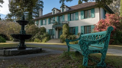 Stately historic residence features a tiered fountain and ornate metal seating in the foreground.