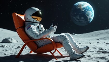 Fototapeta premium Astronaut in spacesuit sits on orange chair on Moon surface using smartphone. Earth visible in background sky. Relaxing moment in outer space exploration. Future travel and work concept.