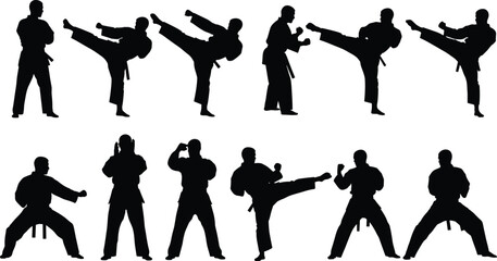 Set of black male karate silhouettes performing high kicks and martial arts poses, isolated on white background, for sports design © Joybroto