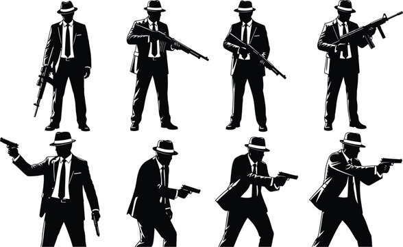 Set of black gangster silhouettes in suits and fedoras holding various weapons including pistols, rifles, and shotguns, isolated on white