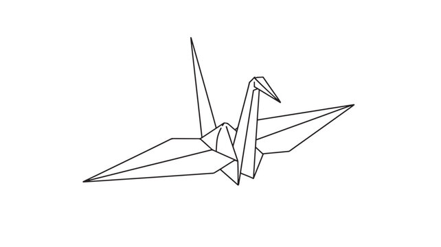 Origami paper crane folded in black line art on a white background, a symbol of peace and hope. featuring tsuru, craft, silhouette with drawing and