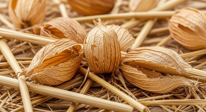 Golden husks of groundnuts scattered on dry straw background