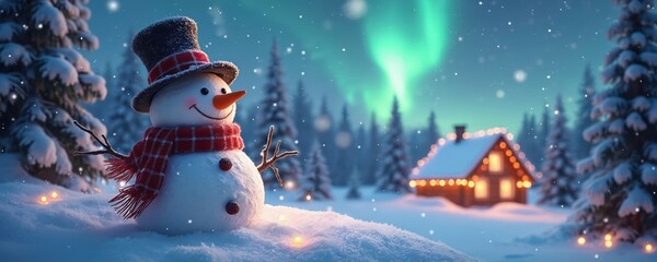 Obraz premium Festive snowman with scarf and hat stands in snowy forest. Cozy cabin with lights glows under aurora borealis. Winter holidays, Christmas, New Year theme.