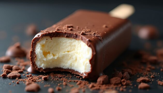 Chocolate coated vanilla ice cream bar with a bite taken out. Creamy dessert is covered in dark cocoa chocolate, with crumbs scattered on a dark surface.
