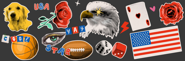 American vintage collage elements in halftone style. USA flag, eagle and retro sports silhouettes for fourth of July branding and social media sticker set. © Anada77