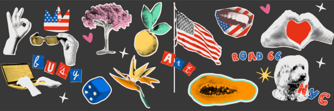 USA road trip collage elements in halftone style. Statue of Liberty, NYC dog and tropical plant silhouettes for travel branding and social media graphics.