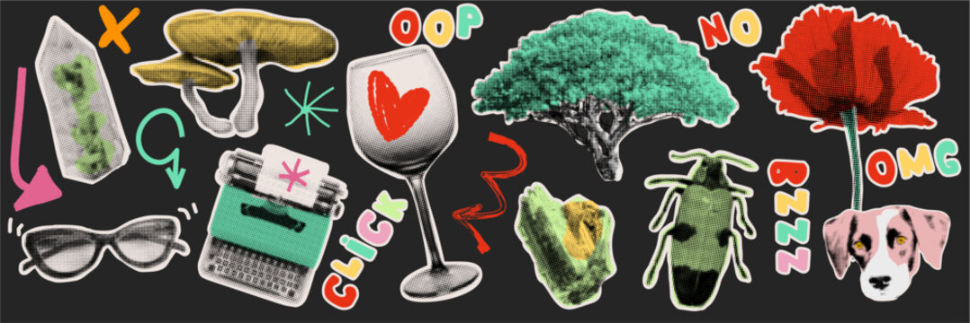 Retro tech and animal collage in halftone style. Dog, typewriter and click lettering silhouettes for creative branding and scrapbook sticker set.