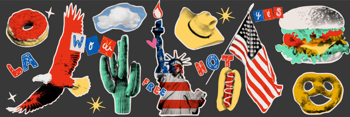 American food and culture collage elements in halftone style. Burger, eagle and cowboy hat silhouettes for western branding and social media sticker set. © Anada77