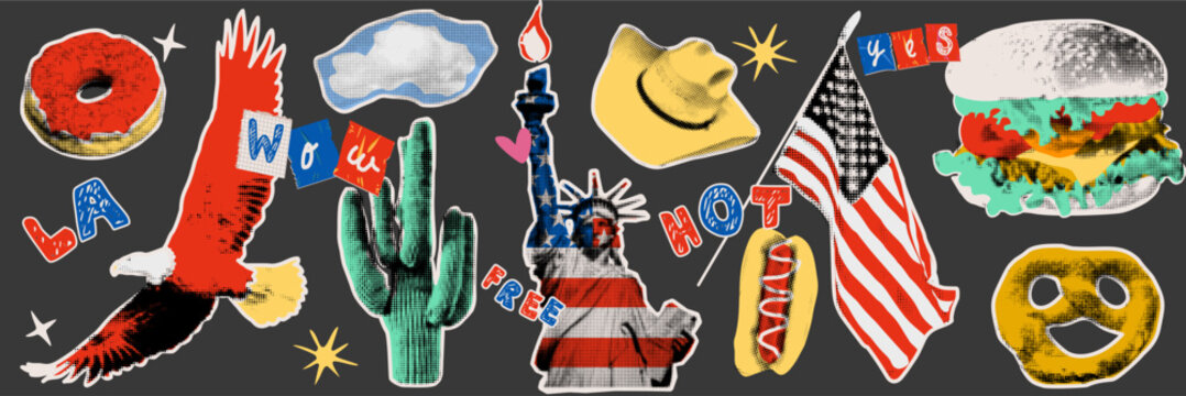 American food and culture collage elements in halftone style. Burger, eagle and cowboy hat silhouettes for western branding and social media sticker set.