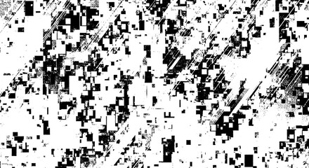 Fototapeta premium Glitch art texture with pixelated squares and diagonal lines, black and white abstract digital distortion