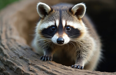 Close up portrait of a raccoon with its signature mask looking directly at camera. This furry mammal emerges from its tree den. Cute animal face with whiskers and dark eyes.