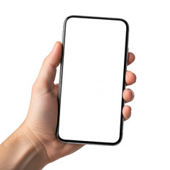 A hand holding a smartphone with a blank white screen in plain view