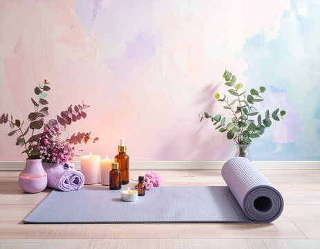 Serene yoga mat with essential oils and candles for a peaceful home wellness sanctuary