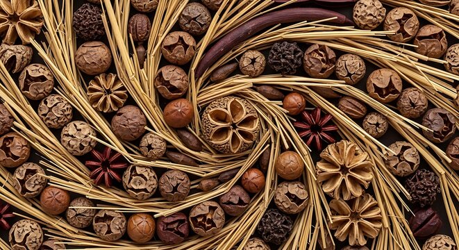 Assorted spices and herbs arranged in vibrant swirling pattern