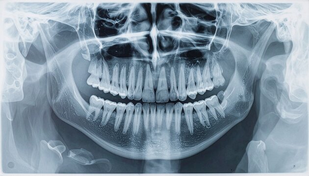 Panoramic dental X-ray showing the upper and lower teeth, jawbone, and surrounding structures for diagnostic purposes