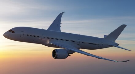Fototapeta premium Commercial airplane flying high in the sky during sunset. Passenger aircraft in flight above clouds. Aviation transportation and international travel concept. Modern jet engine aircraft.