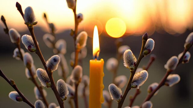 Lit candle surrounded by pussy willows at golden sunset