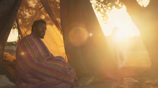 God Appeared to Abraham In the Oaks of Mamre, While he was Sitting at the Entrance of his Tent. Biblical Scene Illustration