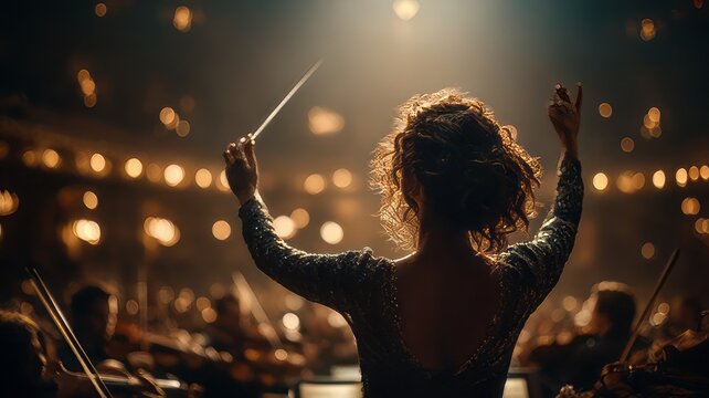 Silhouette of a female orchestra conductor leading musicians on a concert stage under dramatic warm lights for a classical music performance