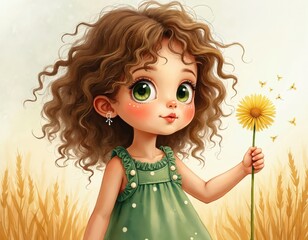 Naklejka premium Cute little girl with curly brown hair holds yellow flower in a wheat field. Tiny butterflies fly around her. Watercolor art style evokes childhood innocence and gentle nature.