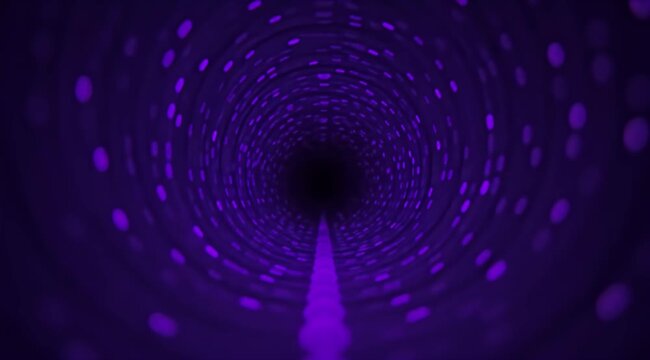 A swirling vortex of purple lights recedes into a dark, abstract tunnel