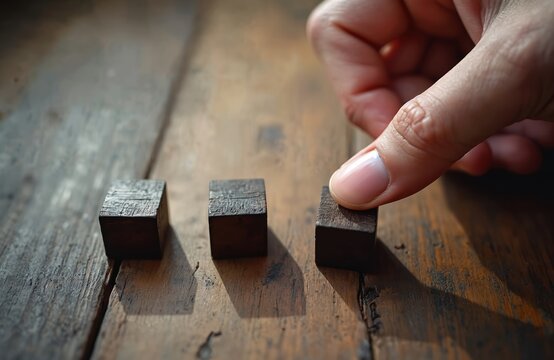 Hand touches one wood cube from row of three cubes on rustic table. Person selects choice, makes decision or plans strategy. Concept of options, alternatives, risk, and progress.