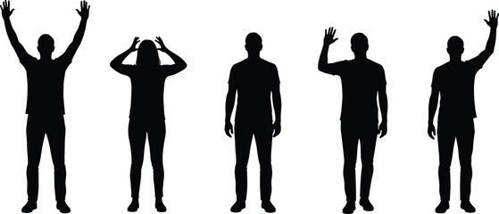 people silhouettes raising hands set, men women gesture collection, waving greeting poses, human figures isolated black vector illustration © Mosiur